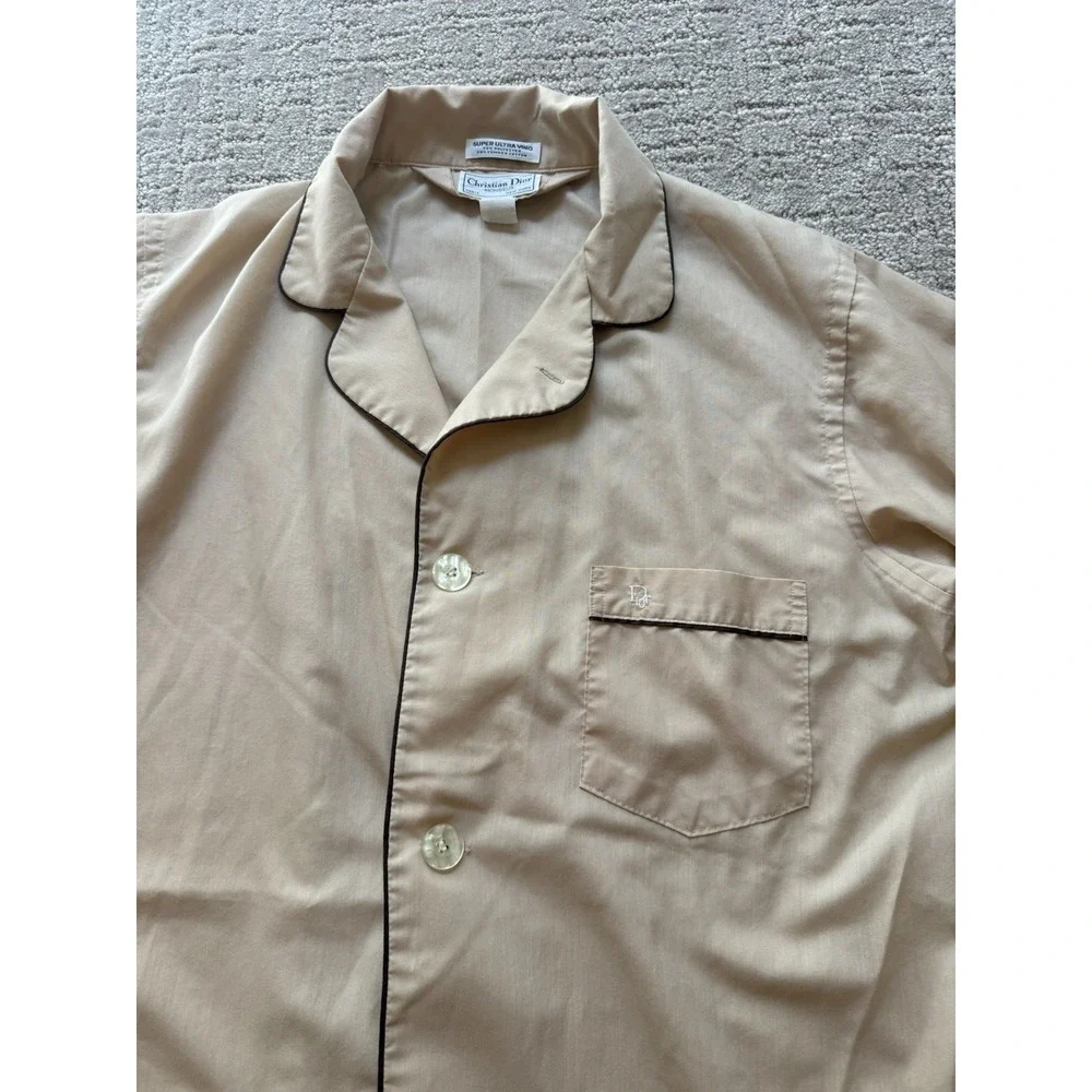 Vintage Christian Dior Monsieur Pajama Top Men's L Long Beige Button Up Dapper